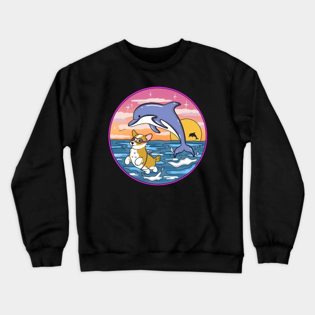 Cute Corgi Swimming With Dolphins Crewneck Sweatshirt by IhateDumplings